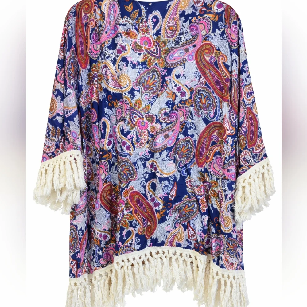 Umgee Multicolor Paisley Kimono Fringe Sz Small Medium - Picture 2 of 8